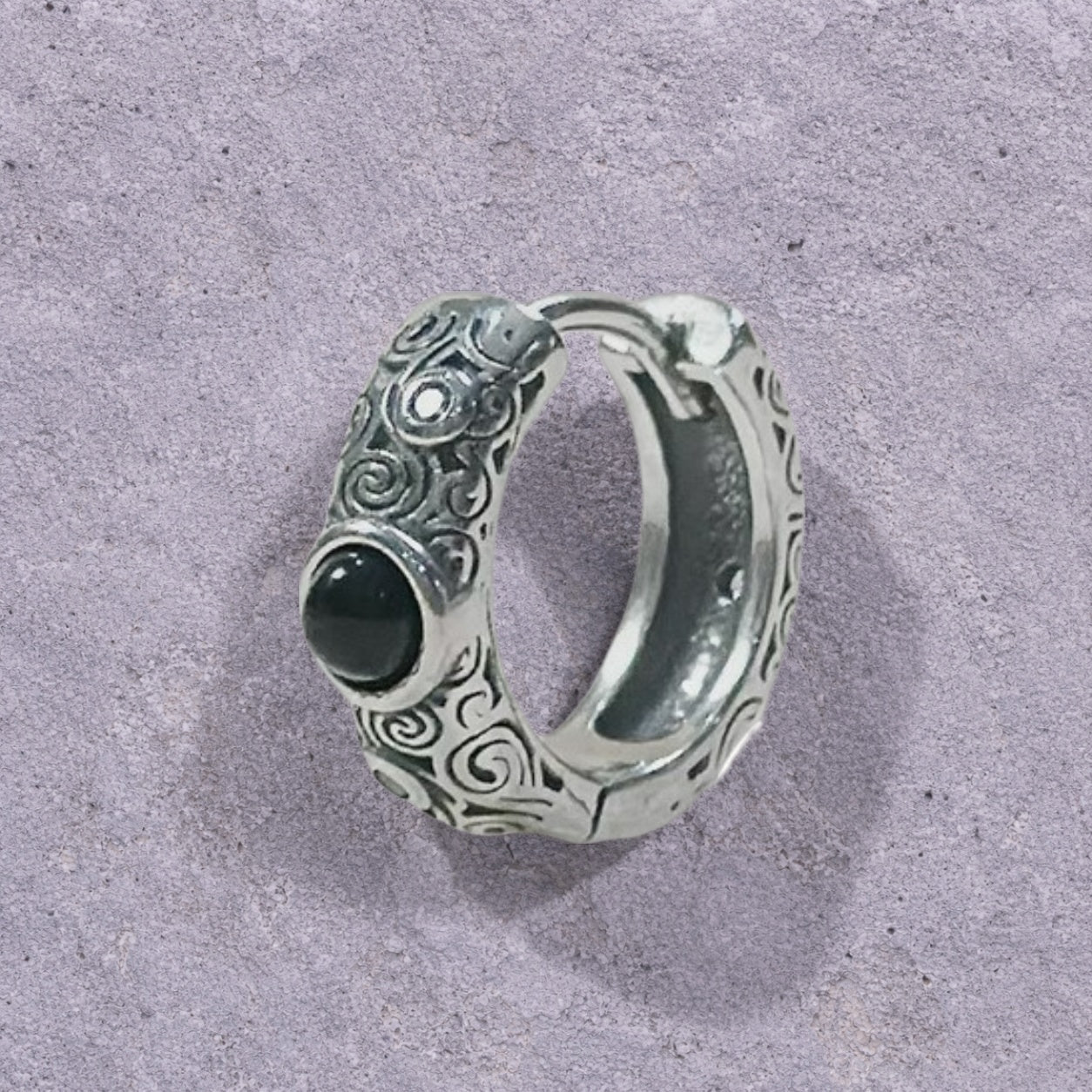 Black Onyx Scroll Engraved Oxidized Silver Huggie Hoop Earrings