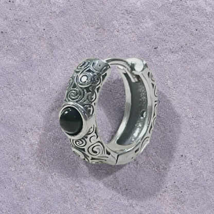 Black Onyx Scroll Engraved Oxidized Silver Huggie Hoop Earrings