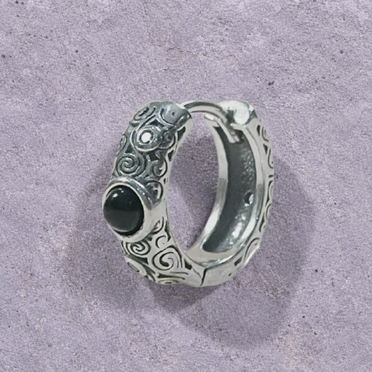 Black Onyx Scroll Engraved Oxidized Silver Huggie Hoop Earrings