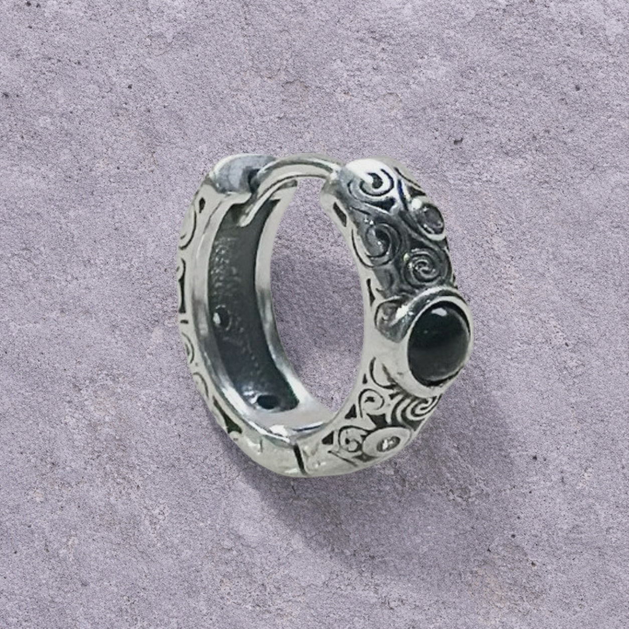 Black Onyx Scroll Engraved Oxidized Silver Huggie Hoop Earrings
