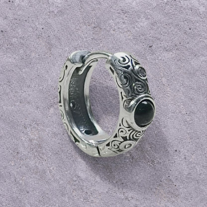 Black Onyx Scroll Engraved Oxidized Silver Huggie Hoop Earrings