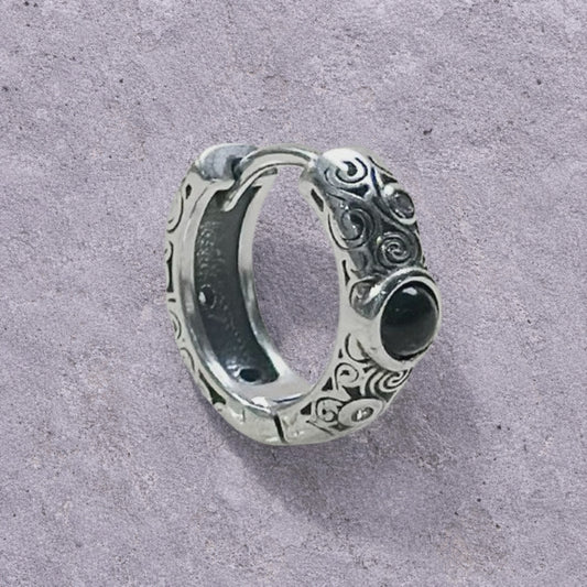 Black Onyx Scroll Engraved Oxidized Silver Huggie Hoop Earrings