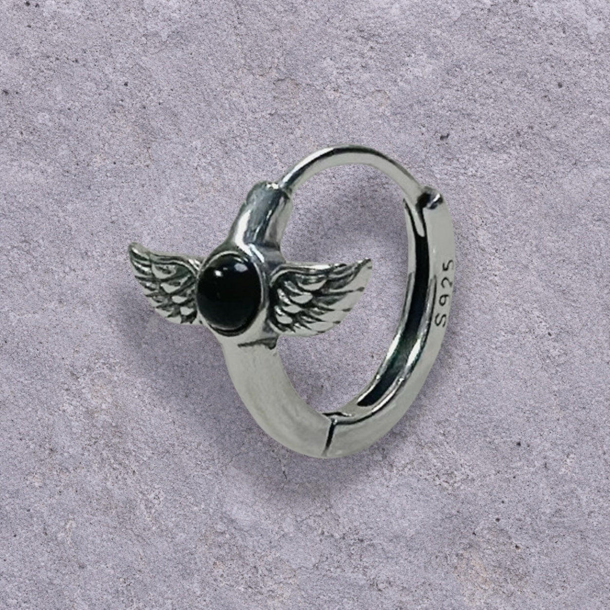 Black Onyx Winged Dagger Oxidized Silver Huggie Hoop Earrings