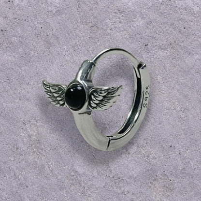 Black Onyx Winged Dagger Oxidized Silver Huggie Hoop Earrings