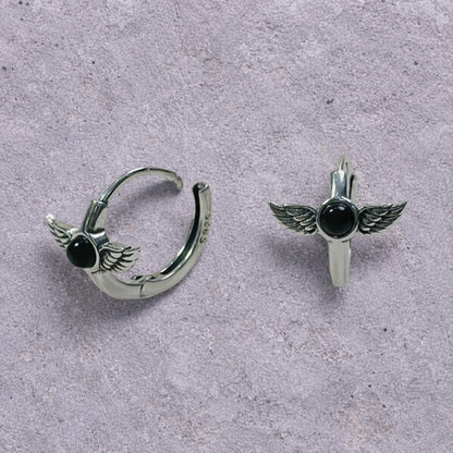 Black Onyx Winged Dagger Oxidized Silver Huggie Hoop Earrings