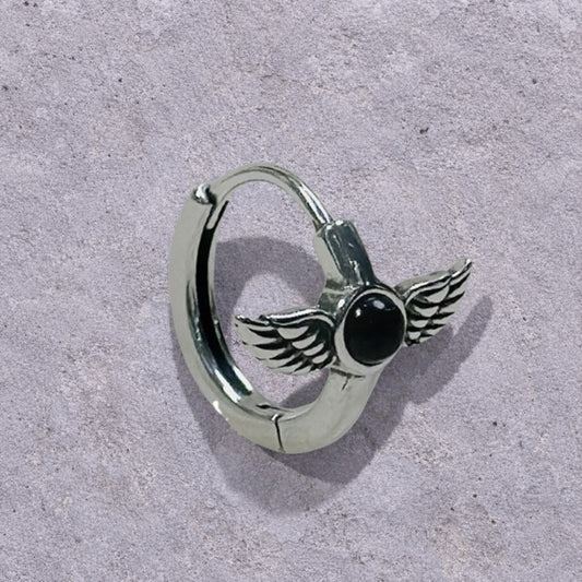 Black Onyx Winged Dagger Oxidized Silver Huggie Hoop Earrings