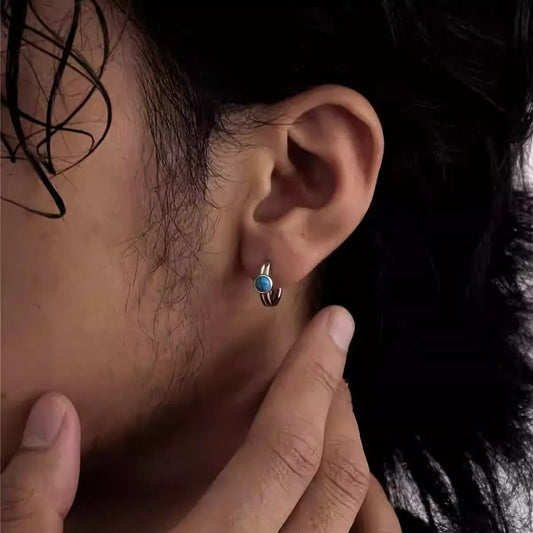 Blue Turquoise S925 Silver Small Hoop Earrings Retro Minimalist Stud