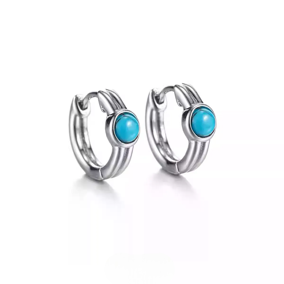 Blue Turquoise S925 Silver Small Hoop Earrings Retro Minimalist Stud