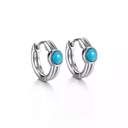 Blue Turquoise S925 Silver Small Hoop Earrings Retro Minimalist Stud