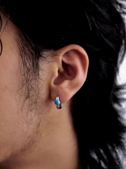 Blue Turquoise S925 Silver Small Hoop Earrings Retro Minimalist Stud