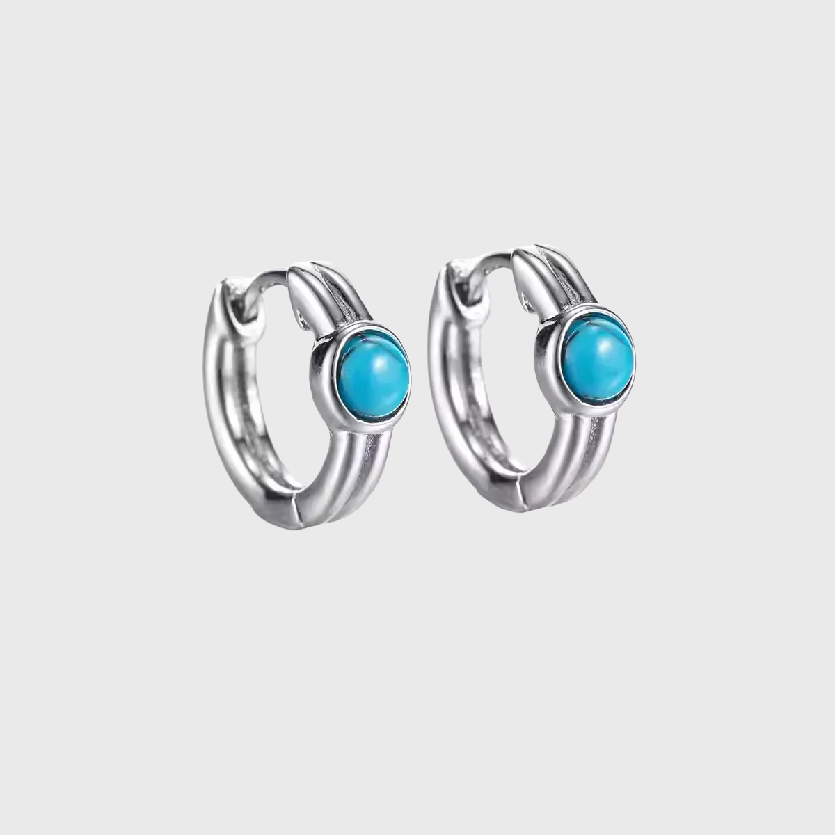 Blue Turquoise S925 Silver Small Hoop Earrings Retro Minimalist Stud
