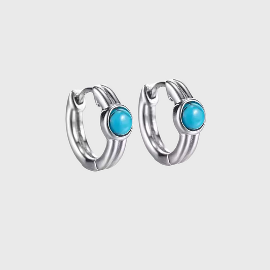 Blue Turquoise S925 Silver Small Hoop Earrings Retro Minimalist Stud