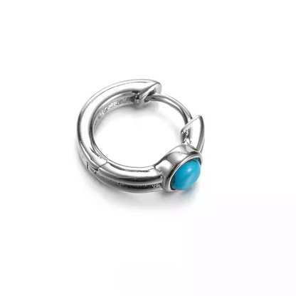 Blue Turquoise S925 Silver Small Hoop Earrings Retro Minimalist Stud
