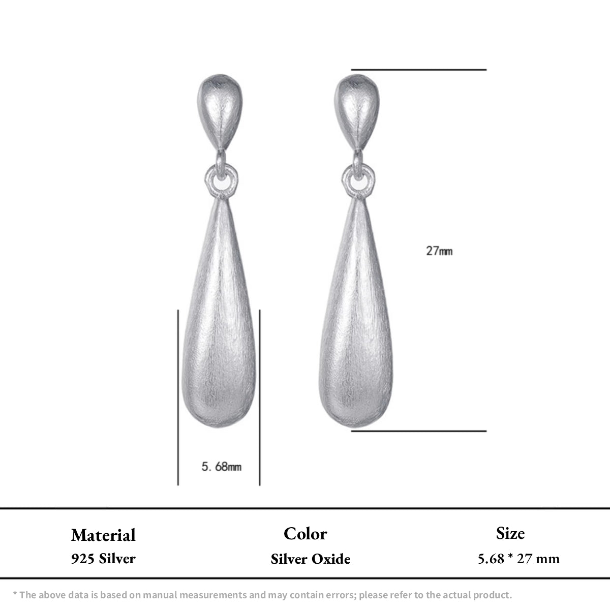 Brushed 925 Sterling Silver Teardrop Earrings Matte Waterdrop Dangles with silver oxide finish and elongated teardrop shape