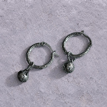 Carved Orb Oxidized S925 Hoop Earrings