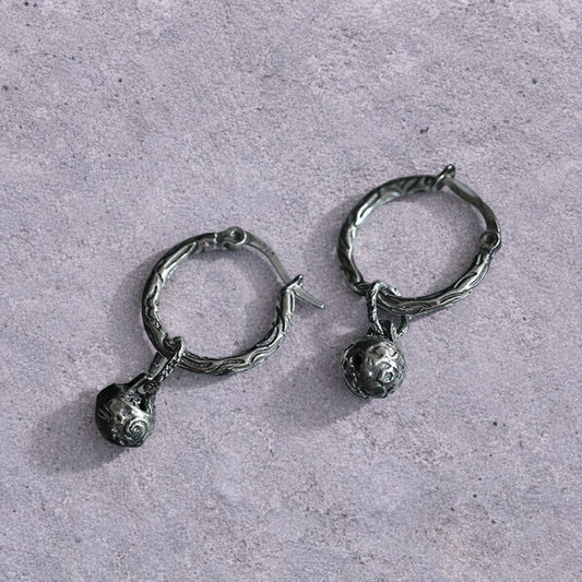 Carved Orb Oxidized S925 Hoop Earrings