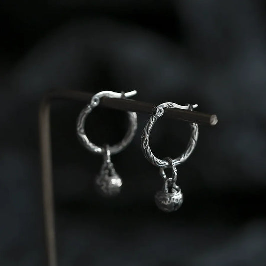 Carved Orb Oxidized S925 Hoop Earrings