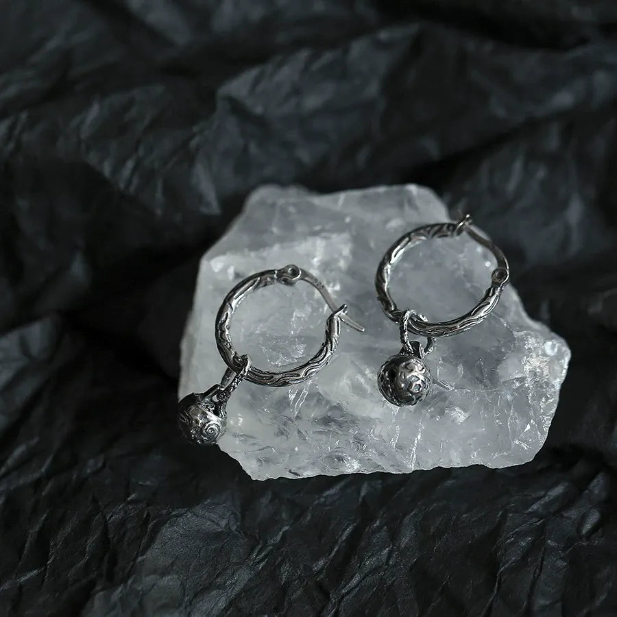 Carved Orb Oxidized S925 Hoop Earrings