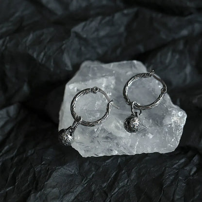 Carved Orb Oxidized S925 Hoop Earrings