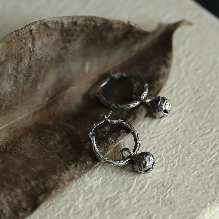 Carved Orb Oxidized S925 Hoop Earrings