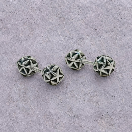 Carved Star Orb Oxidized Silver Stud Earrings