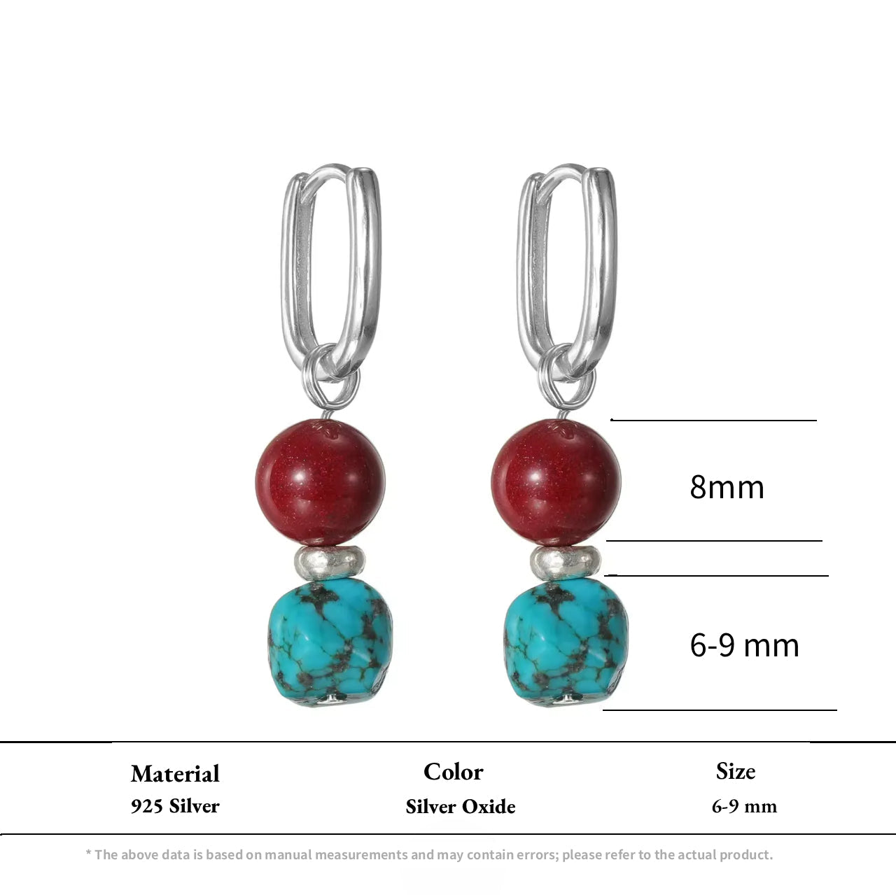 Silver rectangular hoop earrings with red cinnabar and raw turquoise beads.