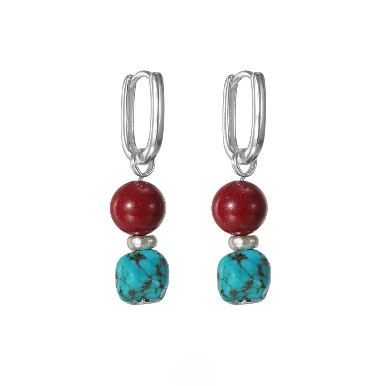Silver rectangular hoop earrings with red and turquoise drop beads.