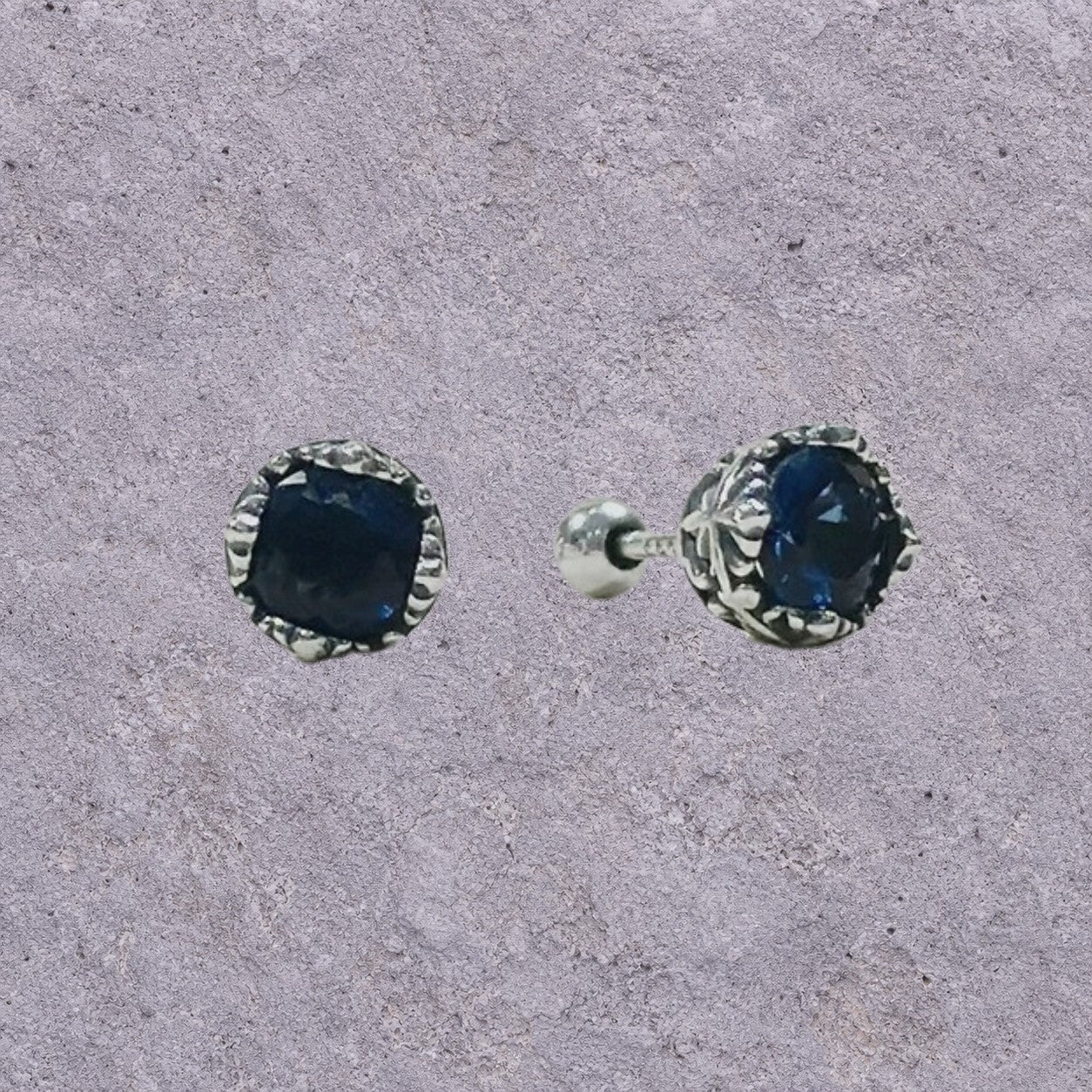 Deep Blue Zircon Oxidized Silver Studs