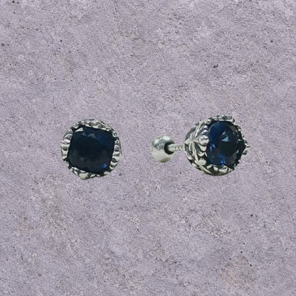 Deep Blue Zircon Oxidized Silver Studs