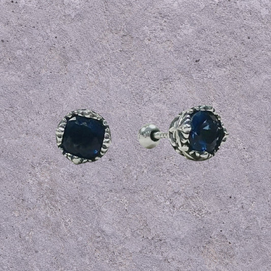 Deep Blue Zircon Oxidized Silver Studs