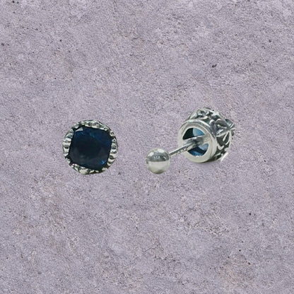 Deep Blue Zircon Oxidized Silver Studs
