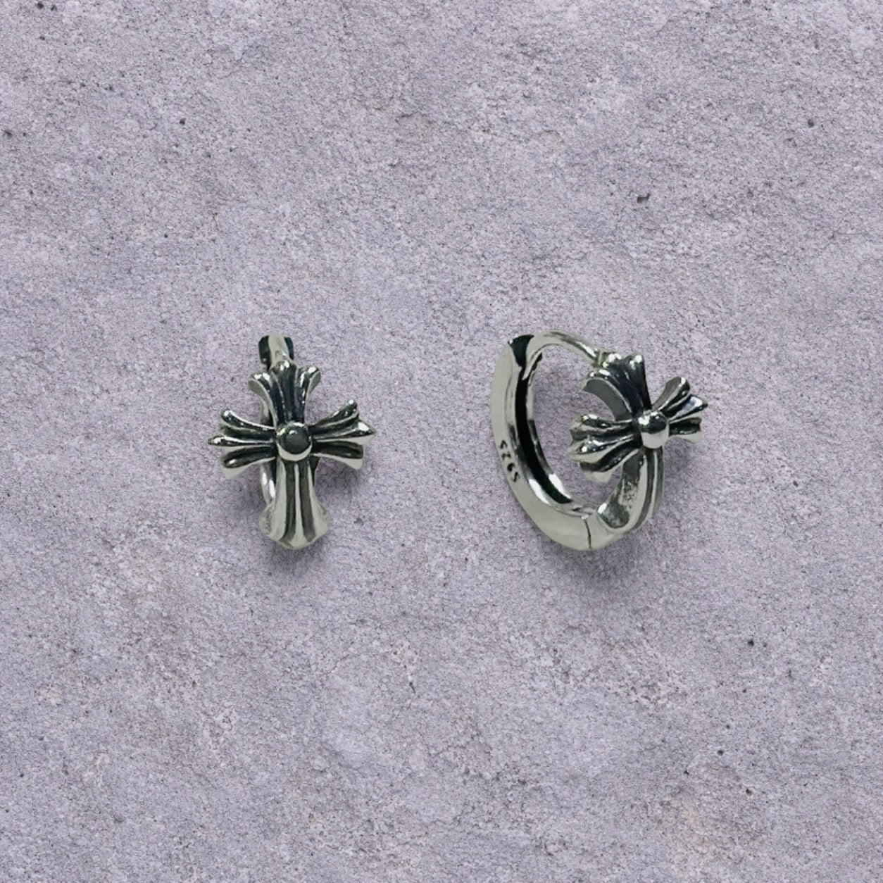 Flared Cross Oxidized Silver Huggie Hoop Earrings