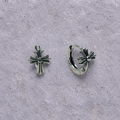 Flared Cross Oxidized Silver Huggie Hoop Earrings