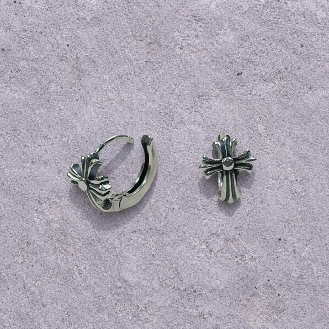Flared Cross Oxidized Silver Huggie Hoop Earrings