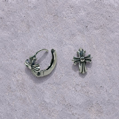 Flared Cross Oxidized Silver Huggie Hoop Earrings