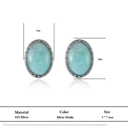 Genuine Blue Larimar Earrings S925 Silver Round Gemstone Studs with 925 silver oxide and oval blue stones measuring 5 by 7 mm
