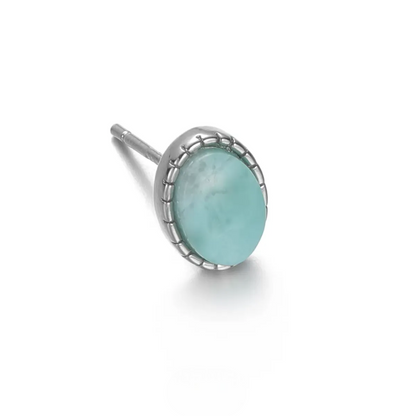 Genuine Blue Larimar Earrings S925 Silver Round Gemstone Studs featuring unique natural matrix in Tibetan-inspired silver setting