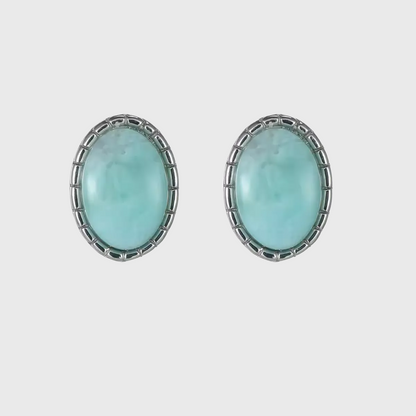 Genuine Blue Larimar Earrings S925 Silver Round Gemstone Studs with unique natural matrix and Tibetan style design