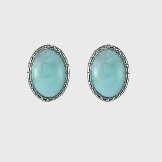 Genuine Blue Larimar Earrings S925 Silver Round Gemstone Studs with unique natural matrix and Tibetan style design
