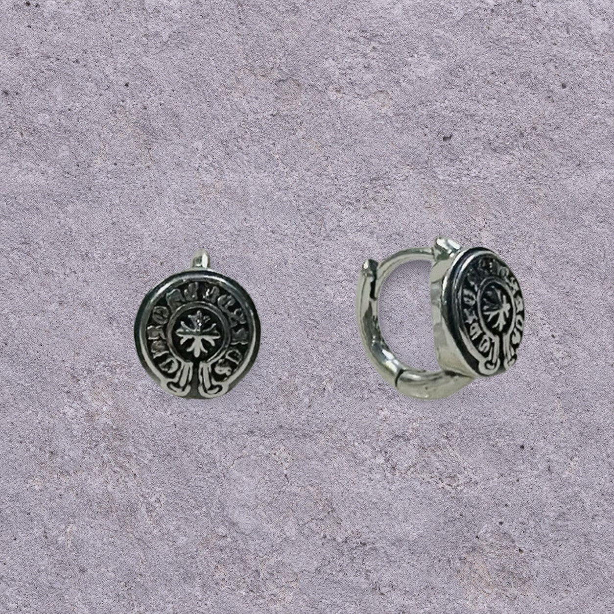 Good Luck Coin Oxidized Silver Huggie Hoops