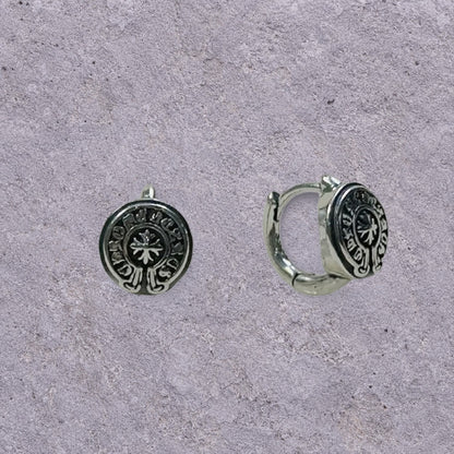 Good Luck Coin Oxidized Silver Huggie Hoops