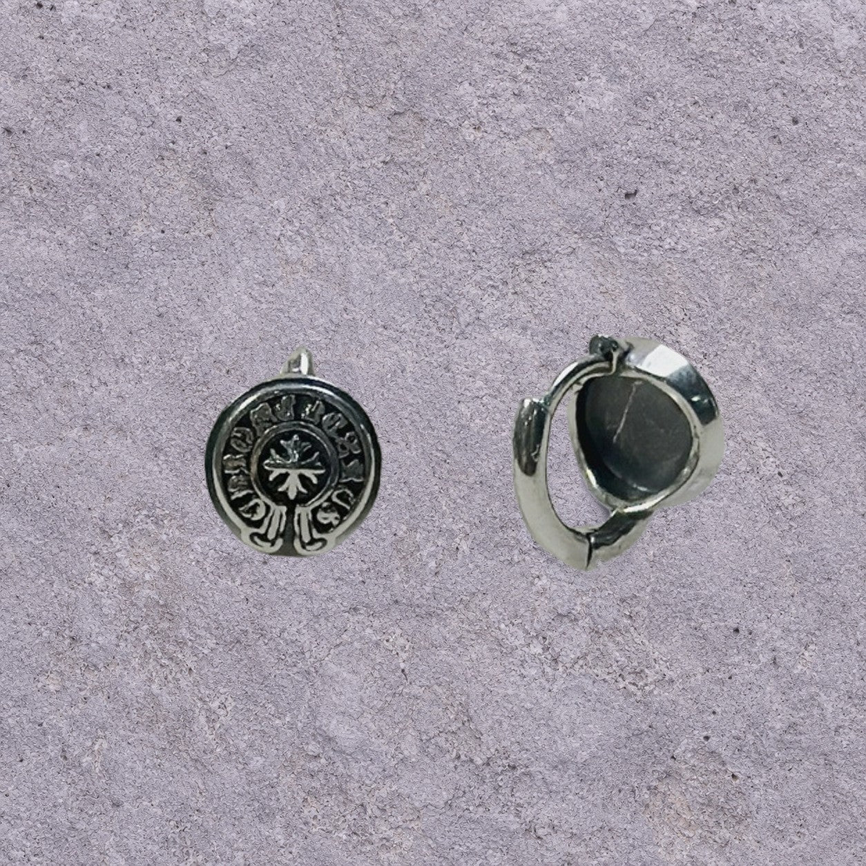 Good Luck Coin Oxidized Silver Huggie Hoops