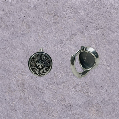 Good Luck Coin Oxidized Silver Huggie Hoops