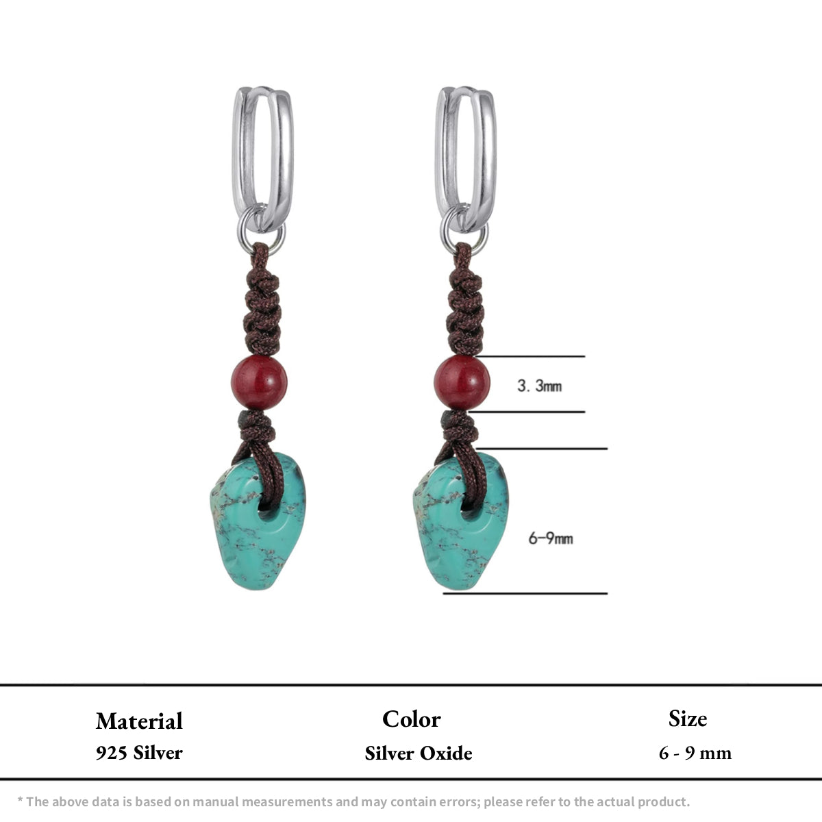 Pair of silver hoop earrings with hand-knotted cord, red beads, and turquoise stones.