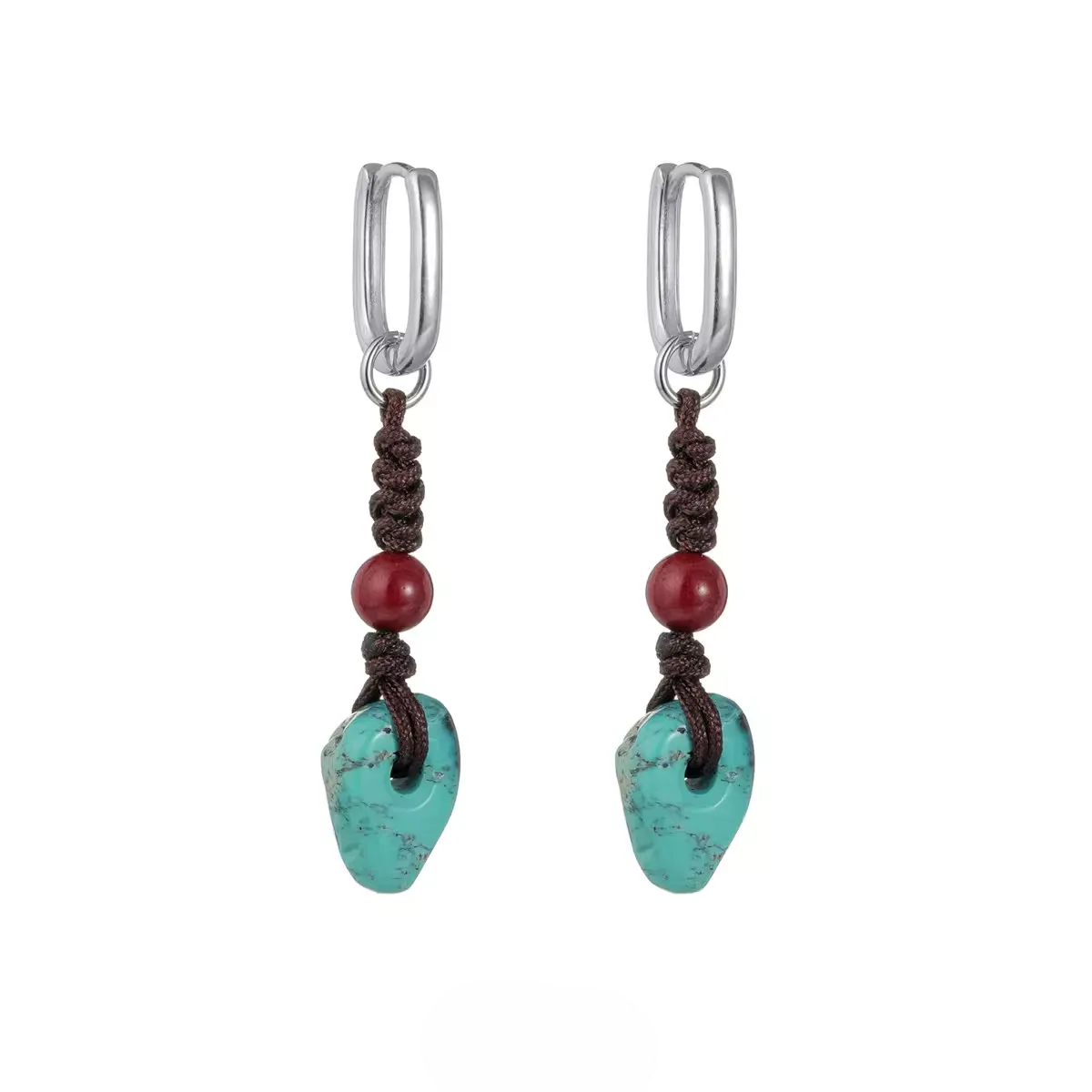 Two silver hoop studs with brown knotted cord, red beads, and turquoise stones.