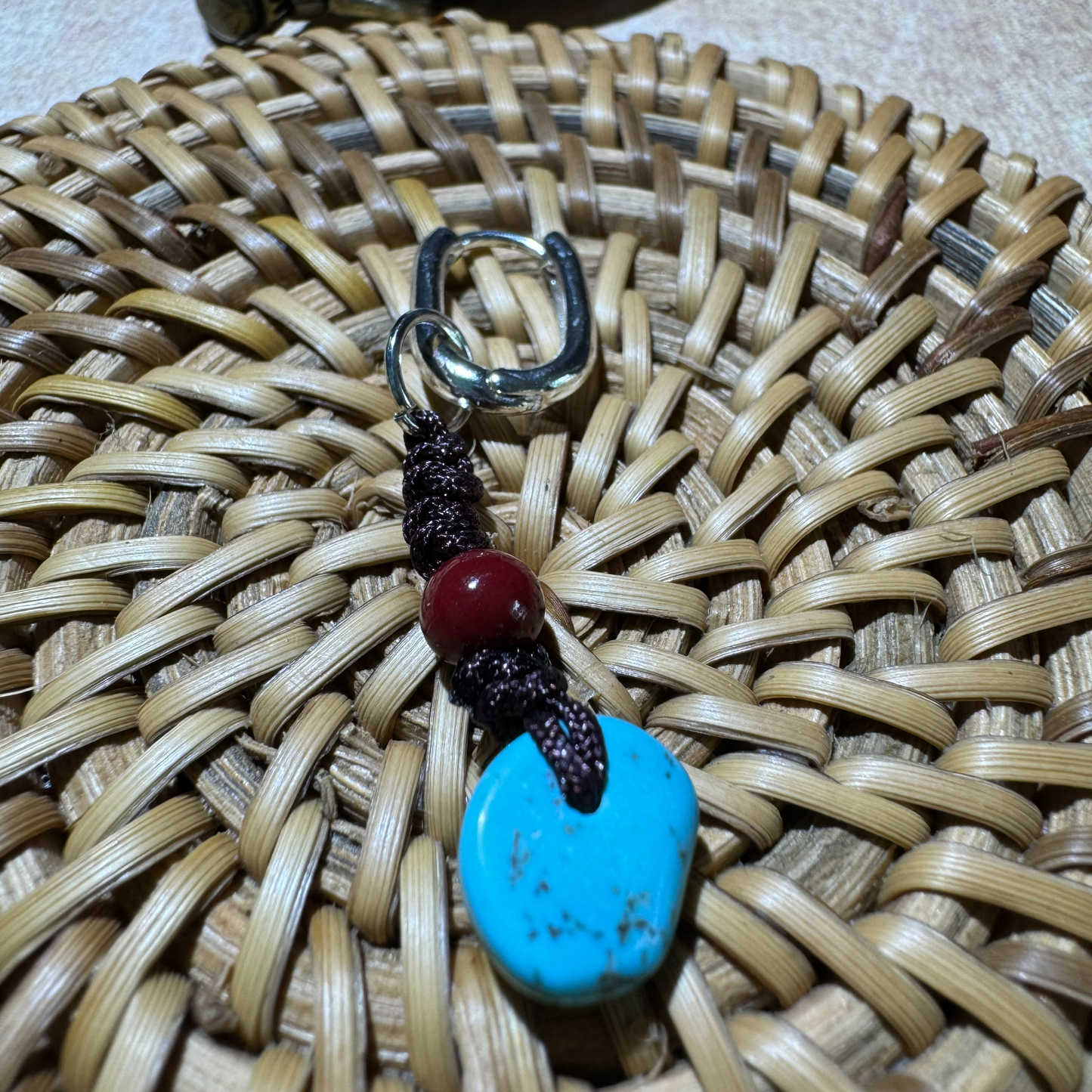 Hand-Knotted Turquoise & Cinnabar Dangles Silver Zen Amulet Studs