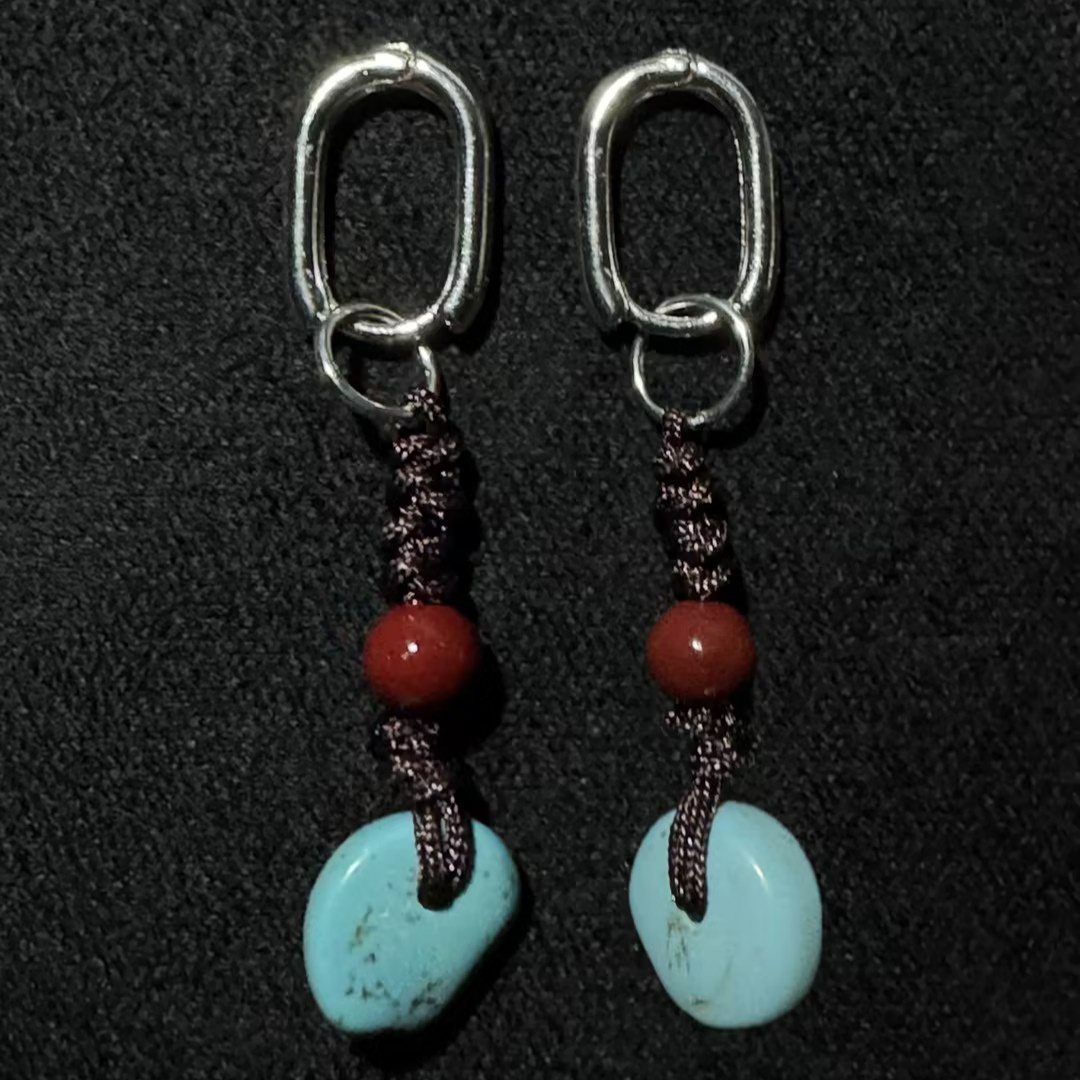 Hand-Knotted Turquoise & Cinnabar Dangles Silver Zen Amulet Studs