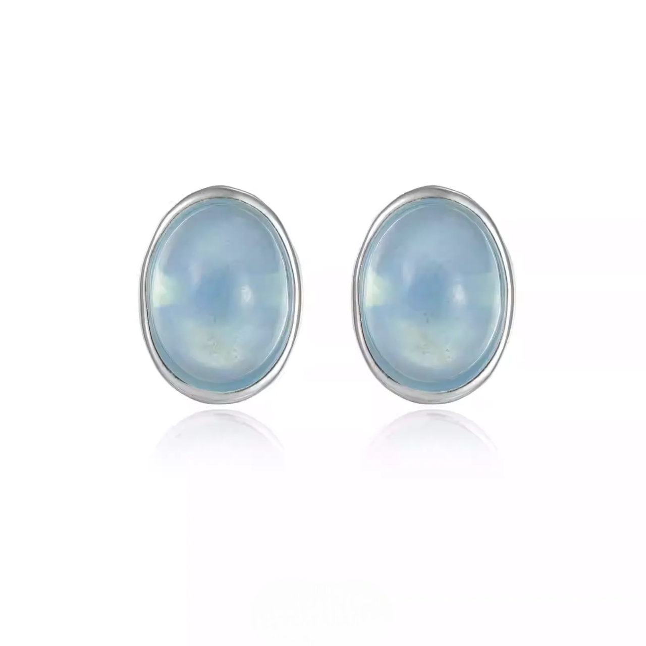 Ice Blue Aquamarine Silver Studs Oval Bezel Set Unisex Jewelry