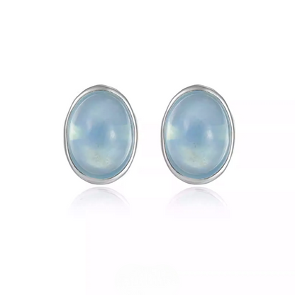 Ice Blue Aquamarine Silver Studs Oval Bezel Set Unisex Jewelry