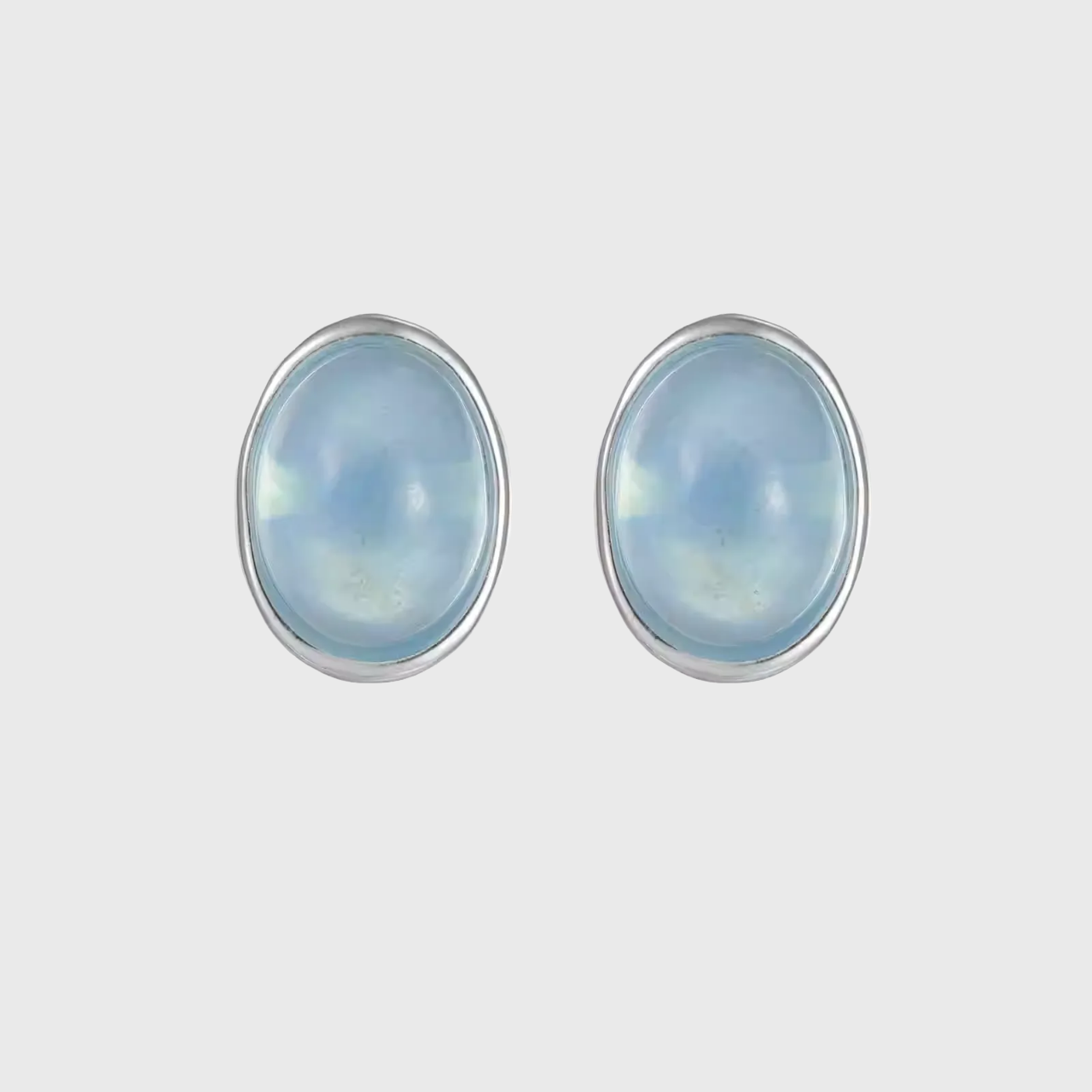 Ice Blue Aquamarine Silver Studs Oval Bezel Set Unisex Jewelry
